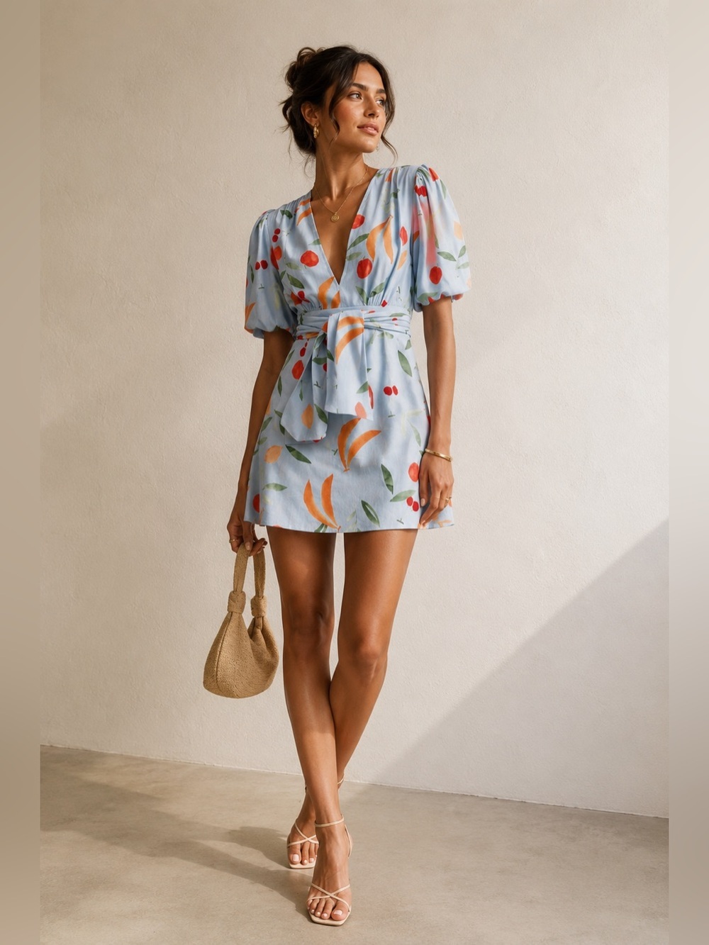 Finders Keepers Calypso Fruit Print Puff Sleeve Mini Dress Blue XS